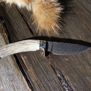 CARVED ELK STAG DAMASCUS BLADE KNIFE