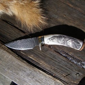 CARVED ELK STAG DAMASCUS BLADE KNIFE