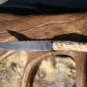 CARVED STAG SHAMAN SCENE HANDLE BOWIE DAMASCUS BLADE FILE WORKED