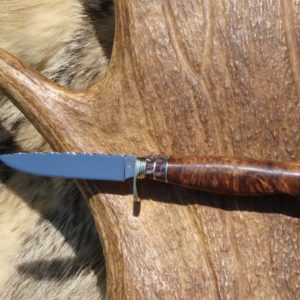 CARBON STEEL TIGER MAPLE W/ FOSSIL CORAL HANDLE BIRD TROUT KNIFE