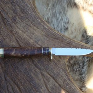 CARBON STEEL TIGER MAPLE W/ FOSSIL CORAL HANDLE BIRD TROUT KNIFE