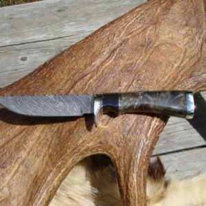 CUSTOM SCANDI GRIND DAMASCUS BLADE WITH BUCKEYE BURL AND BUFFALO