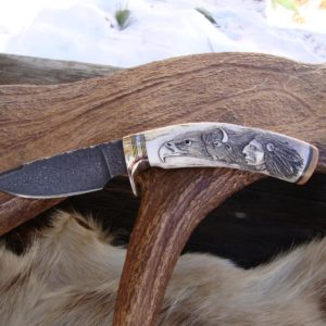 CARVED ELK STAG DAMASCUS BLADE KNIFE