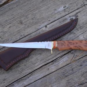 Coolibah burl and apple coral handle fillet knife with file work