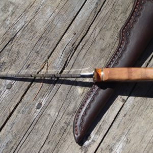 Coolibah burl and apple coral handle fillet knife with file work