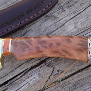 Coolibah burl and apple coral handle fillet knife with file work