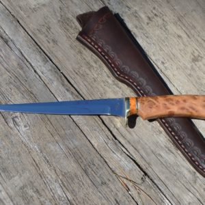 Coolibah burl and apple coral handle fillet knife with file work