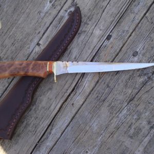 Coolibah burl and apple coral handle fillet knife with file work