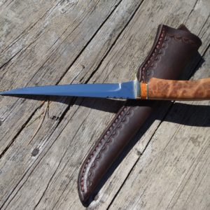 Coolibah burl and apple coral handle fillet knife with file work