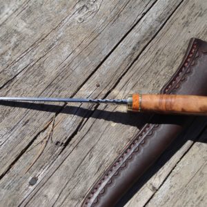 Coolibah burl and apple coral handle fillet knife with file work