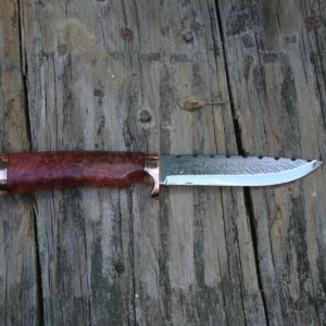 CARBON STEEL SCANDI GRIND COPPER FITTINGS WITH DYED FLAME MAPLE HANDLE FILE WORKED BLADE