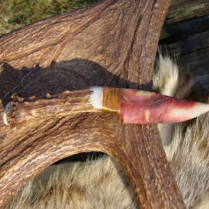 FLINT KNAPPED STAG HANDLE HUNITNG KNIFE PIPESTONE BEAR PAW INLAY POMMEL