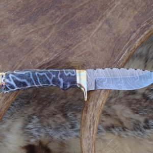 FOSSIL CORAL HANDLE WITH TIGER STRIPE DAMSCUS BLADE FILE WORKED BLADE AND SPACER