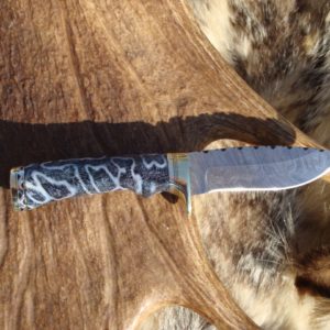 FOSSIL CORAL HANDLE WITH TIGER STRIPE DAMSCUS BLADE FILE WORKED BLADE AND SPACER