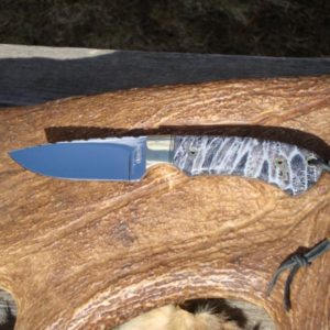 FOSSIL CORAL HANDLE S30V STEEL BLADE DROP POINT HUNTER WITH FILE WORK