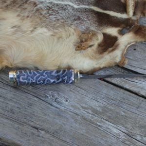 FOSSIL CORAL HANDLE TIGER STRIPE DAMASCUS BLADE DROP POINT HUNTER WITH FILE WORK