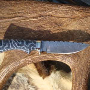 FOSSIL CORAL HANDLE TIGER STRIPE DAMASCUS BLADE DROP POINT HUNTER WITH FILE WORK