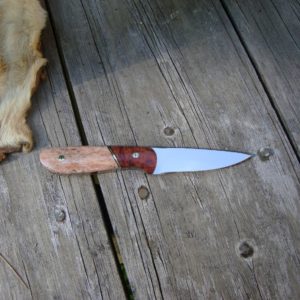 AMBOYNA BURL WOOD HANDLE WITH GIRAFFE BONE TOOL STEEL BLADE BIRD TROUT KNIFE FILE WORKED