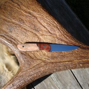 AMBOYNA BURL WOOD HANDLE WITH GIRAFFE BONE TOOL STEEL BLADE BIRD TROUT KNIFE FILE WORKED