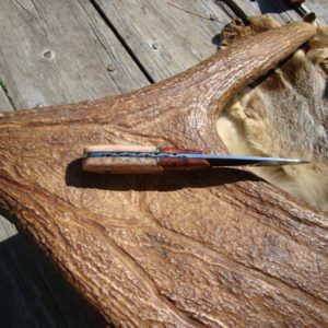 AMBOYNA BURL WOOD HANDLE WITH GIRAFFE BONE TOOL STEEL BLADE BIRD TROUT KNIFE FILE WORKED