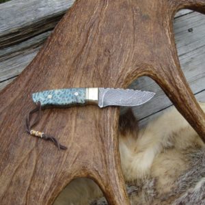 CUSTOM GREEN FOSSIL CORAL DAMASCUS BLADE SMALL HUNTER