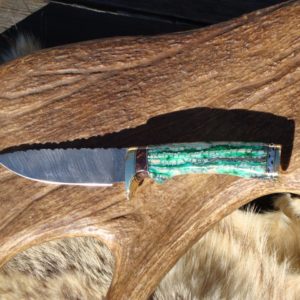 GREEN MAMMOTH TOOTH HANDLE DAMASCUS BLADE HUNTER WITH CUSTOM FILE WORKED BLADE AND HANDLE SPACER