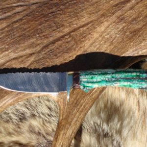 GREEN MAMMOTH TOOTH HANDLE DAMASCUS BLADE HUNTER WITH CUSTOM FILE WORKED BLADE AND HANDLE SPACER