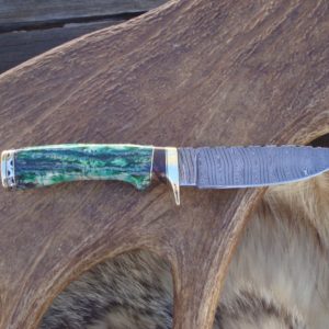 GREEN MAMMOTH TOOTH HANDLE DAMASCUS BLADE HUNTER WITH CUSTOM FILE WORKED BLADE AND HANDLE SPACER