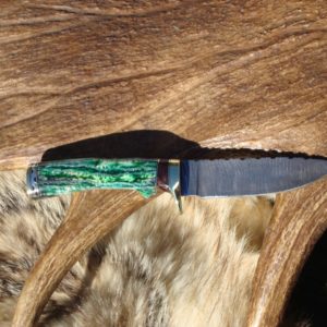 GREEN MAMMOTH TOOTH HANDLE DAMASCUS BLADE HUNTER WITH CUSTOM FILE WORKED BLADE AND HANDLE SPACER