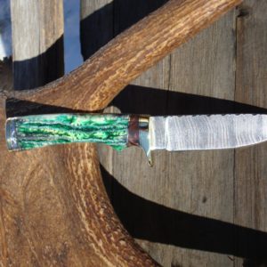 GREEN MAMMOTH TOOTH HANDLE DAMASCUS BLADE HUNTER WITH CUSTOM FILE WORKED BLADE AND HANDLE SPACER