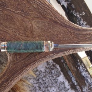 DOUBLE DYED GREEN MAPLE HANDLE WITH GIRAFFE BONE SPACER, TIGER STRIPE DAMASCUS BLADE WITH FILE WORKED BLADE & SPACER