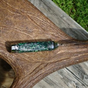 52100 BEARING STEEL BLADE WITH EMERALD GEEN RESIN WITH ALUMINUM SHRAPNEL HANDLE DROP POINT HUNTER FILE WORKED