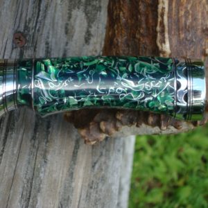 52100 BEARING STEEL BLADE WITH EMERALD GEEN RESIN WITH ALUMINUM SHRAPNEL HANDLE DROP POINT HUNTER FILE WORKED