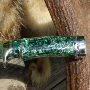 52100 BEARING STEEL BLADE WITH EMERALD GEEN RESIN WITH ALUMINUM SHRAPNEL HANDLE DROP POINT HUNTER FILE WORKED