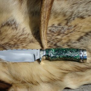 52100 BEARING STEEL BLADE WITH EMERALD GEEN RESIN WITH ALUMINUM SHRAPNEL HANDLE DROP POINT HUNTER FILE WORKED