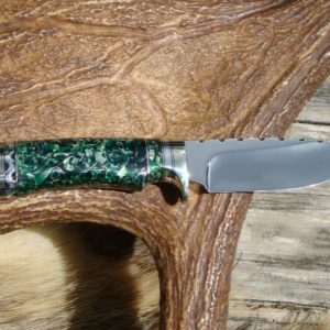 52100 BEARING STEEL BLADE WITH EMERALD GEEN RESIN WITH ALUMINUM SHRAPNEL HANDLE DROP POINT HUNTER FILE WORKED