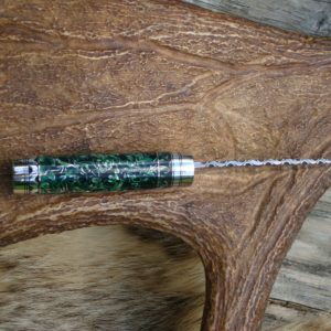 52100 BEARING STEEL BLADE WITH EMERALD GEEN RESIN WITH ALUMINUM SHRAPNEL HANDLE DROP POINT HUNTER FILE WORKED