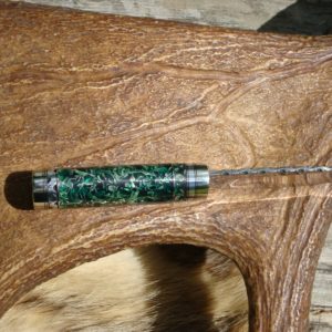 52100 BEARING STEEL BLADE WITH EMERALD GEEN RESIN WITH ALUMINUM SHRAPNEL HANDLE DROP POINT HUNTER FILE WORKED