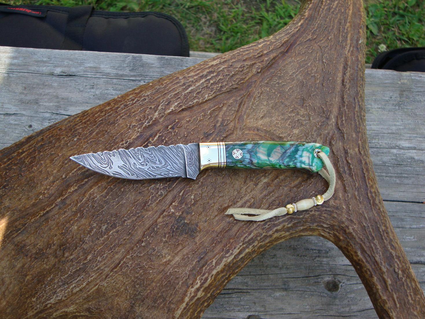 GREEN MAMMOTH TOOTH FIRE STORM DAMASCUS BLADE KNIFE