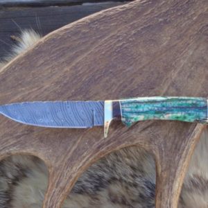 GREEN MAMMOTH TOOTH HANDLE DAMASCUS BLADE HUNTER WITH CUSTOM FILE WORKED BLADE AND HANDLE SPACER