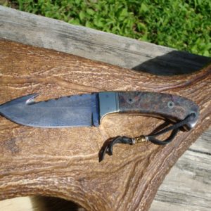 GUT HOOK X PATTERN DAMASCUS BLADE DOUBLE DYED MAPLE BURL FILE WORKED