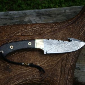 GUT HOOK X PATTERN DAMASCUS BLADE DOUBLE DYED MAPLE BURL FILE WORKED