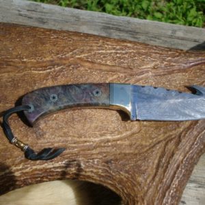 GUT HOOK X PATTERN DAMASCUS BLADE DOUBLE DYED MAPLE BURL FILE WORKED