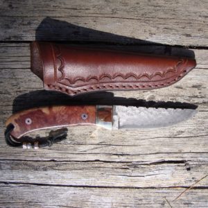 Australian Horistes Burl wood San Mia Damascus blade drop point hunter