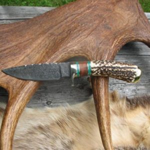 INDIA STAG MALACHITE AMBOYNA WOOD HANDLE DAMASCUS BLADE KNIFE