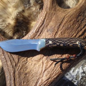 LACEWOOD HANDLE LARGE HUNTER WITH STRAIGHT LINE DAMASCUS BLADE WITH LOTS OF FILE WORK