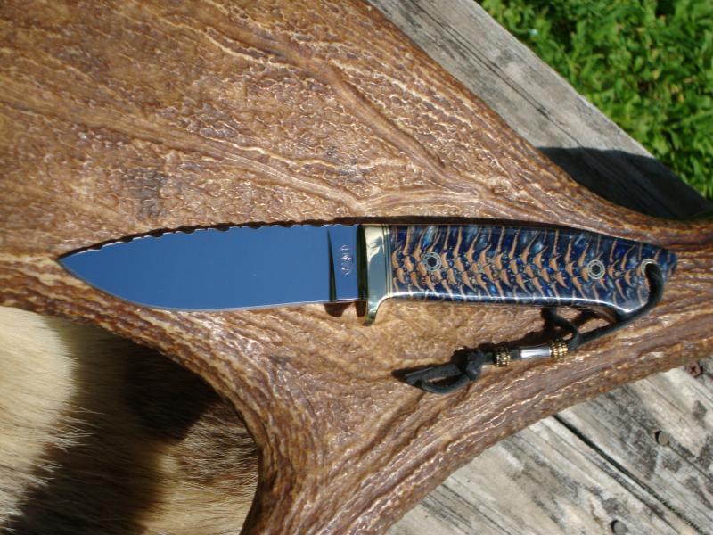 LOVELESS STYLE DROP POINT TAPERED TANG COLBALT BLUE SPRUCE CONE HANDLE FILE WORKED BLADE WITH