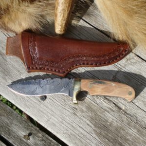 MAMMOTH IVORY WITH AFRICAN BLACKWOOD HANDLE DAMASCUS BLADE SMALL HUNTER