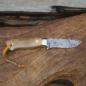 MAMMOTH BARK IVORY HANDLE FINGER PRINT DAMASCUS BLADE WITH FILE WORKED HANDLE AND BLADE