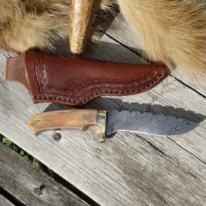 MAMMOTH IVORY WITH AFRICAN BLACKWOOD HANDLE DAMASCUS BLADE SMALL HUNTER